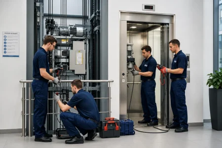 Technicien intervenant sur un ascenseur en panne