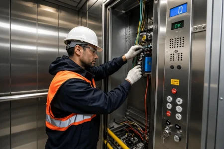 Technicien intervenant sur un ascenseur en panne