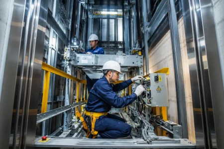 Technicien réalisant l’installation d’un ascenseur