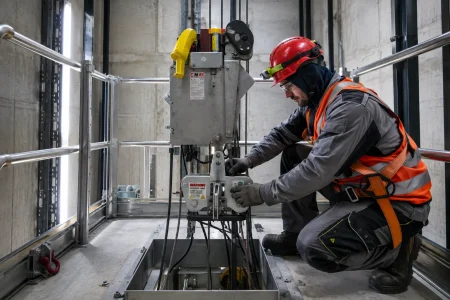 Technicien réalisant l’installation d’un ascenseur